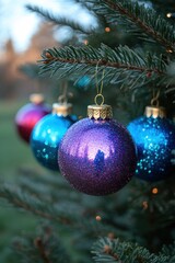 Naklejka premium Colorful Christmas ornaments on a pine tree branch