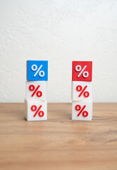 Two towers of percent blocks. Comparison of the terms of two loans and deposits. Hidden fees, fines...