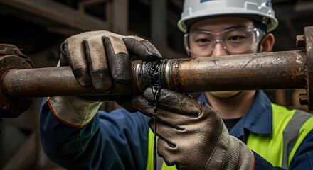 Worker holding damaged pipe with stream of water leaking in construction. Man in uniform working outside. Broken plumbing system requiring repair