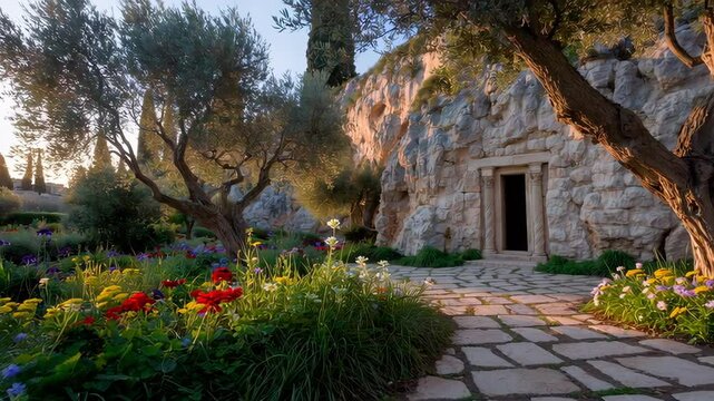 Garden of the tomb of the virgin mary in jerusalem at dawn