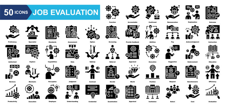 Job Evaluation icon collection set.Function,Accountable,Confirmed,Remuneration,Explanation,Outcome,Proficiency.Simple vector illustration.