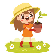 Cartoon Kid Gardening At Nature