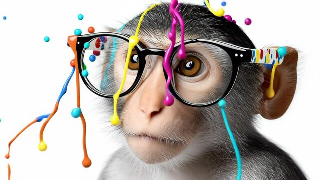 Playful monkey wearing oversized glasses, surrounded by colorful paint splashes, showcasing a whimsical and vibrant atmosphere, perfect for creative projects and artistic expressions