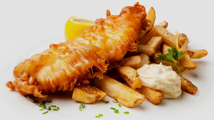 Delicious classic british fish and chips with lemon and creamy tartar sauce served