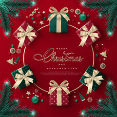 Christmas gifts arranged in a circle with text on a red background.