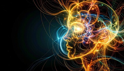 Naklejka premium Colorful abstract design with dynamic swirling patterns and glowing faces in bright colors