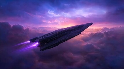 A futuristic spaceship glides through a vibrant, colorful sky filled with clouds during twilight, perfect for science fiction themes, book covers, or digital artwork,