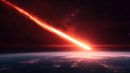 Fiery meteor streaking across night sky, approaching Earth, cosmic background, disaster film