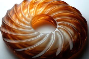 A spiral-shaped, amber and white, jellied dessert