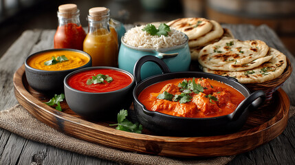 A vibrant Indian feast!  A wooden tray holds butter chicken, rice, naan bread, and flavorful sauces.  A delicious and aromatic spread, perfect for sharing.
