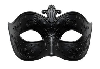 Sophisticated black masquerade mask with ornate baroque relief designs and detailed sculptural surface decorative elements, isolated on white or transparent background. PNG