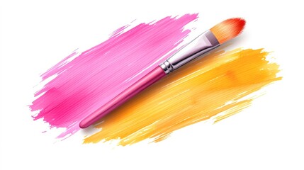 A vibrant paintbrush rests on colorful strokes of pink and yellow paint, ideal for art-related projects, digital designs, or promotional materials for creative workshops and courses,