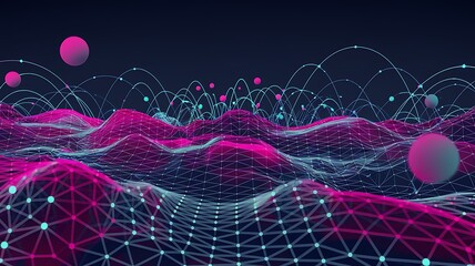 Digital network landscape with glowing spheres futuristic