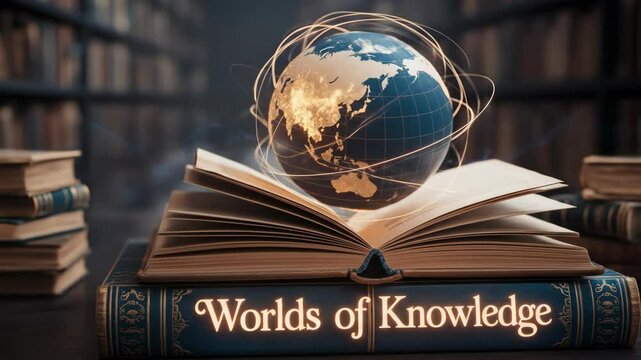 Worlds of knowledge open book with globe education knowledge global learning illustration