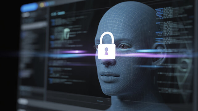 Digital human face with padlock icon and data code backdrop