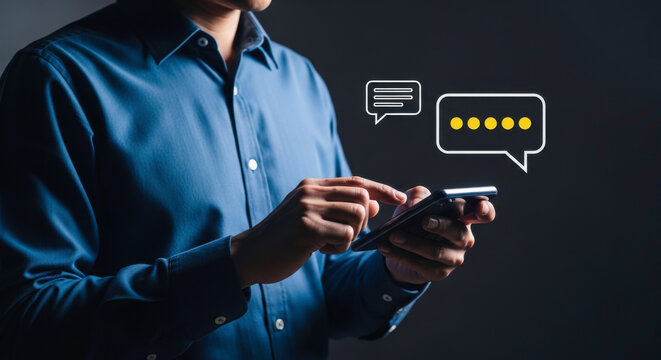 Man using smartphone for messaging communication chat online mobile app social media texting network connect