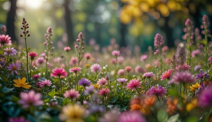 Obraz premium Sunny spring meadow filled with blooming colorful daisies and soft morning light surrounded by lush green trees in gentle nature scene 