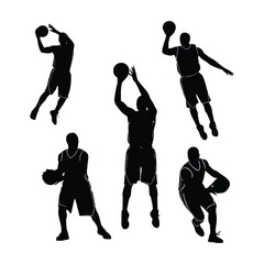 basketball player silhouette with different pose, vector black and white