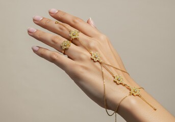 Hand adorned with floral gold slave bracelet and matching ring