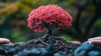 Hands nurturing a miniature bonsai tree with vibrant pink leaves outdoors