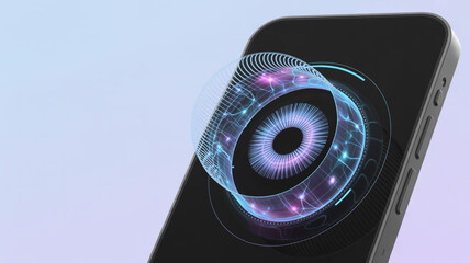 Smartphone with holographic circular interface hovering above the screen