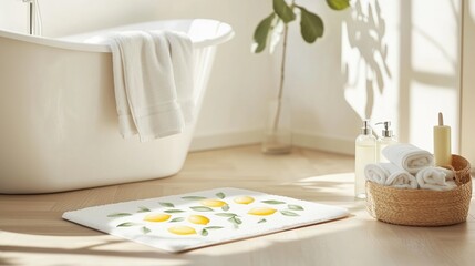 Bright and refreshing bathroom with lemon-patterned mat and cozy towels in a sunlit space