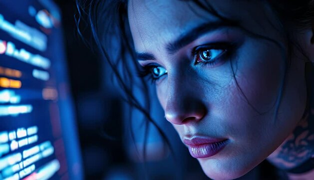 Focused woman intensely analyzes code on a computer screen in a dim, blue-lit room, showcasing concentration and modern technology.