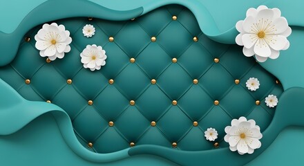 Fototapeta premium Luxury turquoise quilted background with gold studs and white paper flowers stock photo image