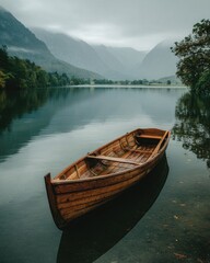 Obraz premium Serene lake scene with wooden boat