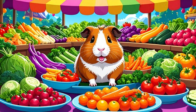 Mischievous guinea pig shopping in a vibrant market filled with fresh vegetables and goods