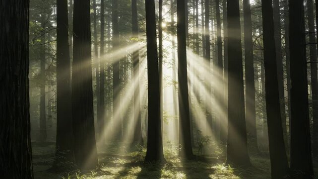Sunlight streaming through tall pine trees dense forest creates dramatic rays and tranquil, peaceful atmosphere, illuminating lush green undergrowth and casting long shadows, while mystical nature