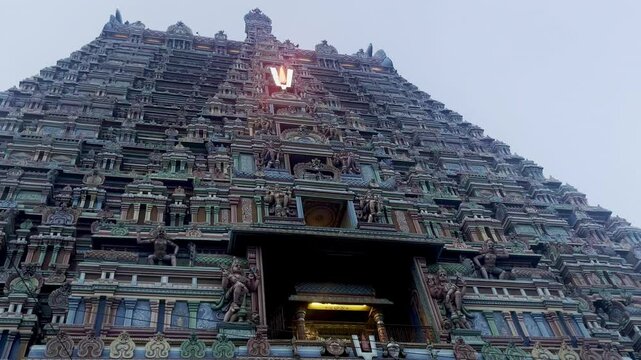  Down-to-Top Close View of Tall Lord Vishnu Gopuram.