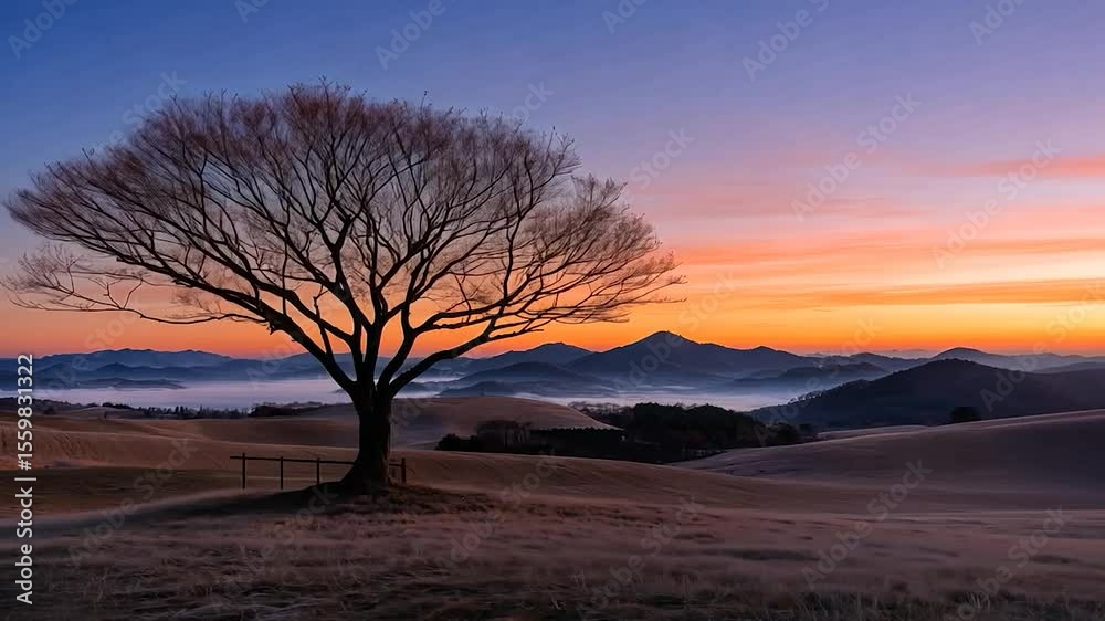 Poster sunrise over a field with a lone tree and mountains