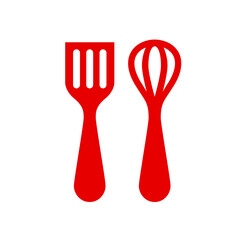 Kitchen utensils icon. Containing cutlery, spatula, frying pan, knife, spoon, fork, saucepan, bowl, plate, ladle, grater measuring spoons