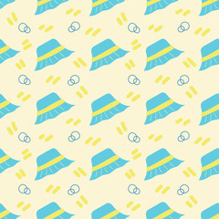 Hand-drawn blue hat on a light yellow background. Summer seamless pattern for clothing, fabric, wallpaper, backdrop, home decoration, cover book, and wall art.