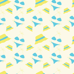 Hand-drawn bikini and hat on a beige background. Summer seamless pattern for clothing, fabric, wallpaper, backdrop, home decoration, cover book, and wall art.