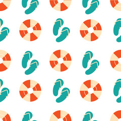Hand-drawn slipper and rubber ring on a white background. Summer seamless pattern for clothing, fabric, wallpaper, backdrop, home decoration, cover book, and wall art.