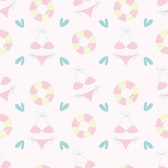 Hand-drawn bikini and rubber ring on a pastel pink background. Summer seamless pattern for clothing, fabric, wallpaper, backdrop, home decoration, cover book, and wall art.