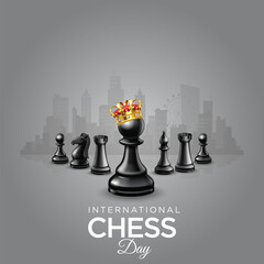 international chess dayinternational Chess Day 20 july 2024 .. all chess pieces in black colour with grey gradient background with world map.eps