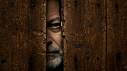 A man's face peering through a narrow opening in an old wooden door with visible wood grain texture - Powered by Adobe