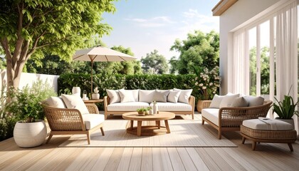 Fototapeta premium Serene outdoor living area featuring wooden floor and elegant rattan furniture for relaxation