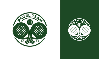 Padel team logo design. Racket symbol with ball and circle badge concept for sport club