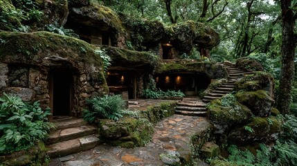 hidden sacred stone complex, mayan jungle temple ruins, ancient rainforest site