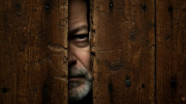 A man's face peering through a narrow opening in an old wooden door with visible wood grain texture