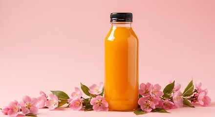 Bright orange juice bottle with a black cap, surrounded by soft pink flowers and green leaves, on pastel pink background