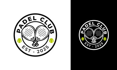 Padel club circle logo design. Sport symbol with two racket and ball for team
