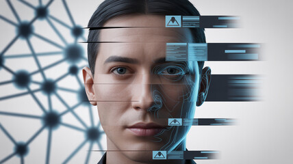 Split portrait of a man with digital scan lines and abstract network overlay