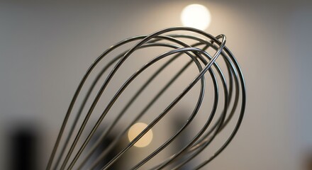 Close-up of a metal whisk's wire loops against a blurred background with bokeh lights.