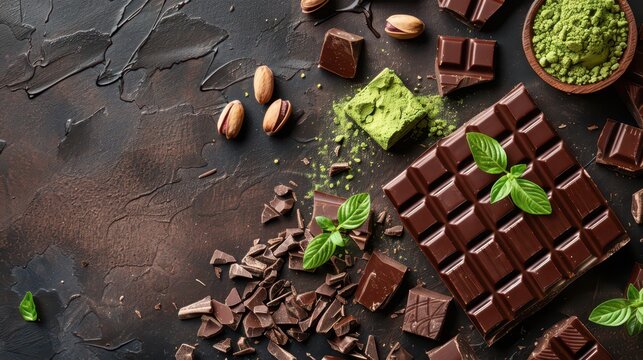 World chocolate day celebration with assorted dark chocolates and green pistachios powder. Horizontal banner. Copy space. Free space for text. Top view