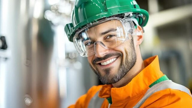 Smiling male engineer man in green hard hat, safety glasses, orange reflective jacket and vest, industrial worker showing confidence and positivity, workplace safety and construction environment